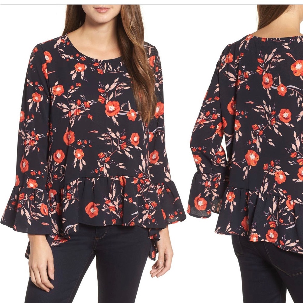 GibsonLook Ruffle Asymmetrical Floral Blouse, Size Small